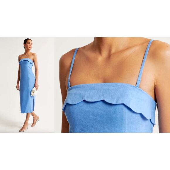 NWT ABERCROMBIE & FITCH Premium Linen Scalloped Midi Dress Sz Large Tall - Picture 3 of 6